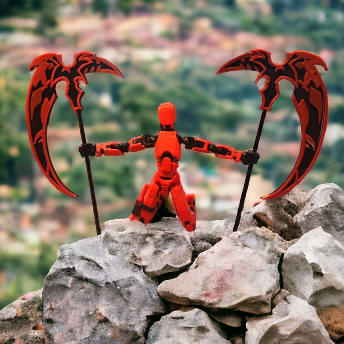 Dummy rojo con dos guadañas arrodillado sobre unas rocas, con un paisaje urbano al fondo